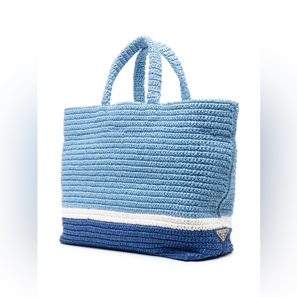 Prada Large Raffia Tote Beach Bag Shopping Light Blue - Picture 4 of 12